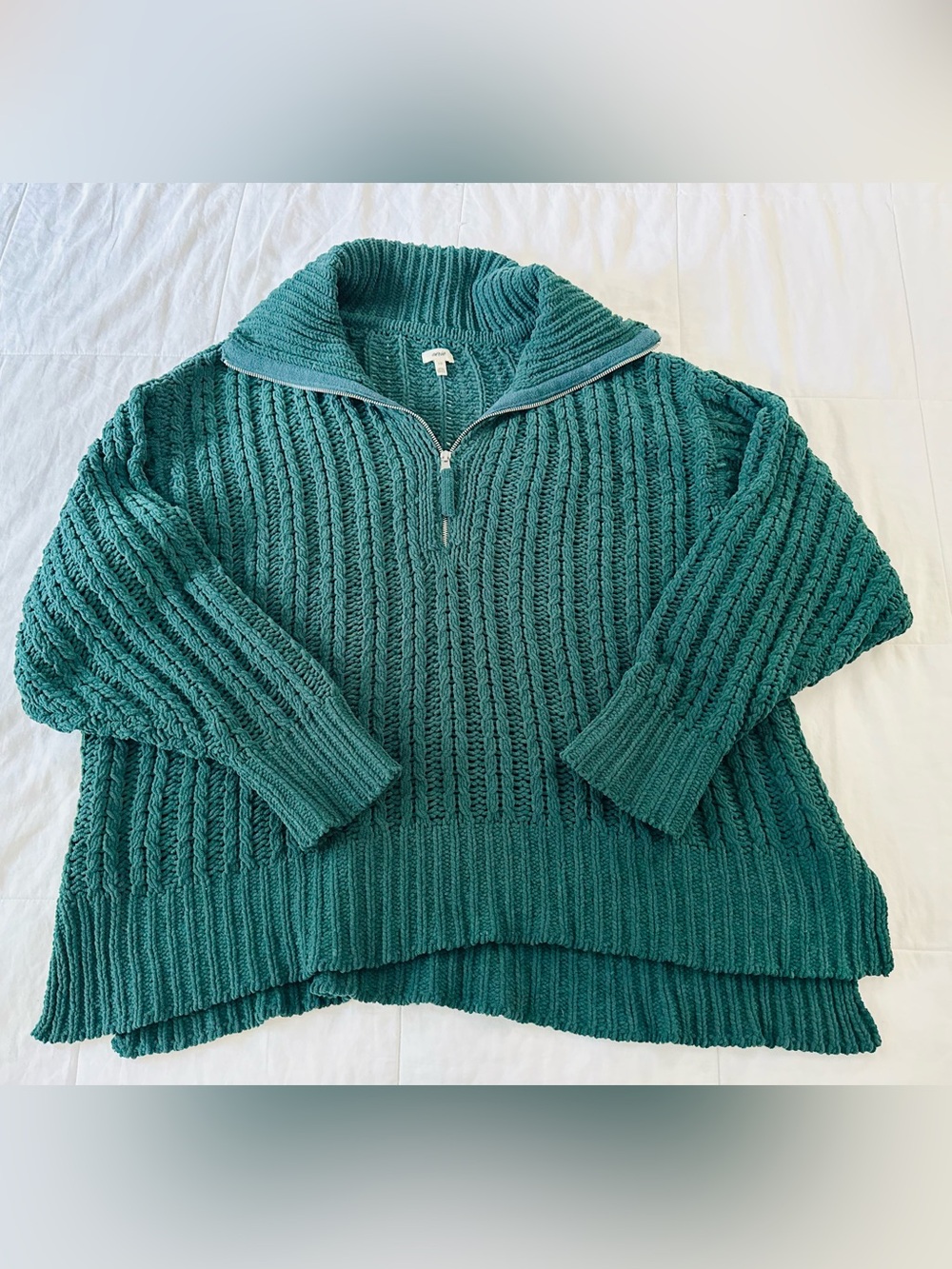 Aerie Cable Car Knit Quarter Zip Deep Forest Green Chenille Sweater L - Picture 10 of 13